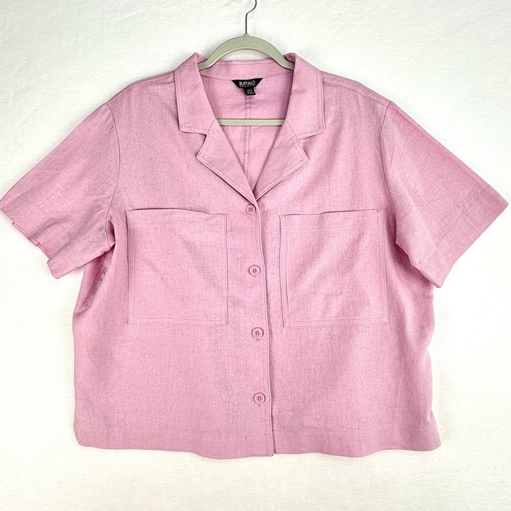 Buffalo David Bitton Top Short Sleeve Linen Blend Shirt Blouse Button Top Large